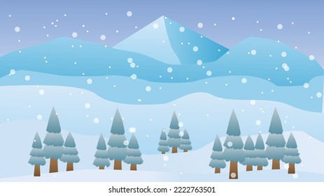 Vector illustration: Winter snowy Mountains landscape with hills and pines.