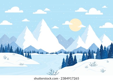 Vector illustration: Winter snowy Mountains landscape with hills, tree and pines.