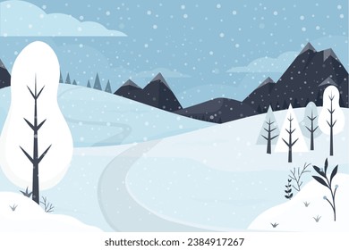 Vector illustration: Winter snowy Mountains landscape with hills, tree and pines.