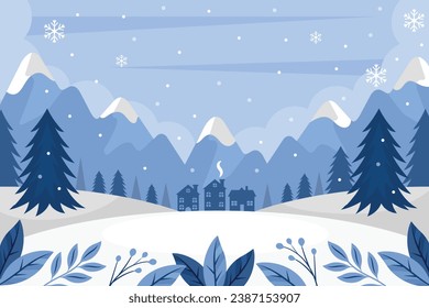 Vector illustration: Winter snowy Mountains landscape with hills and pines.