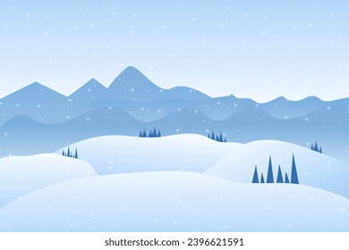 Vector illustration of Winter snowy Mountains landscape with hills and pines, winter trees and Chistmas trees with snow on isolated blue background concepts vector