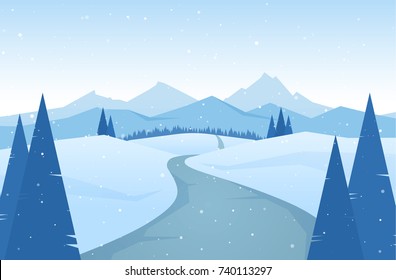 Vector Illustration: Winter Snowy Mountains Landscape With Road, Pines And Hills.