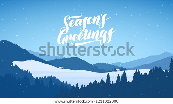 ベクターイラスト 冬の雪の多い山々のクリスマス風景に 漫画の家と季節の挨拶の手書きの文字が描かれています のベクター画像素材 ロイヤリティフリー