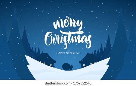 Vector illustration: Winter snowy scene with Santa Claus in village and Hand lettering of Merry Christmas