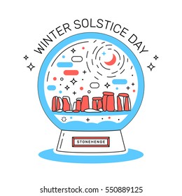 Vector Illustration Of Winter Solstice. Snowball With Stonehenge.	