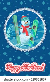 Vector illustration winter sport card congratulation new year. Snowman with ski and snowboard isolated on white background.