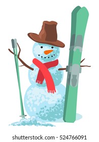Vector illustration winter sport. Snowman with ski isolated on white background.