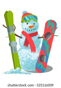 Vector illustration winter sport. Snowman with ski and snowboard isolated on white background.