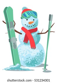 Vector illustration winter sport. Snowman with ski isolated on white background.