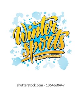 Vector illustration of winter sports championship lettering for banner, poster, greeting card, shop advertisement, souvenirs design. Handwritten colorful text for web or print
