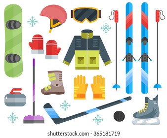 Vector Illustration Of Winter Sports. Winter Sports Equipment Set: Ski, Curling, Skates, Clothes, Helmet, Goggles, Mittens, Sticks. Extreme Sport Equipment Set. Isolated Flat Elements. Flat Design