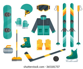 Vector illustration of winter sports. Winter sports equipment set: ski, curling, skates, clothes, helmet, goggles, mittens, sticks. Extreme sport equipment set. Isolated flat elements. Flat design