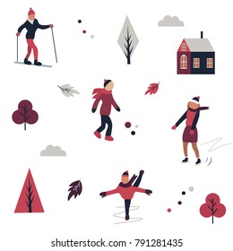 Vector illustration. Winter sports pattern with different characters and elements.