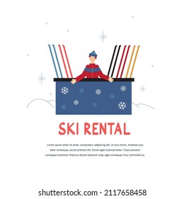 Ilustración vectorial con plantilla de deportes de invierno. Concepto de alquiler de esquís.