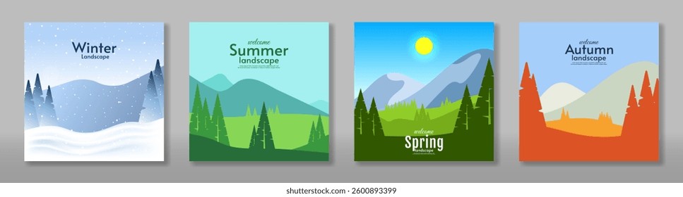 Vector illustration. Winter, spring, summer, autumn. Set of abstract season landscape card. Flat style design nature.