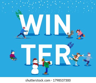 Vector illustration with a winter storyline. Children and adults play winter games and go skiing, sledding and ice skating