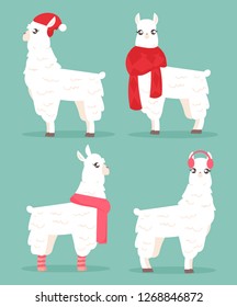 Vector illustration of winter style llama. Alpaca in winter clothes set. Christmas card concept with llama in hat and scarf, greeting card in cartoon flat style.