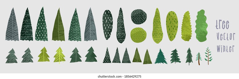 Vector illustration. Winter stylized Christmas trees and pines. Hand drawn trees doodle set collection,  different trees in scandinavian style.