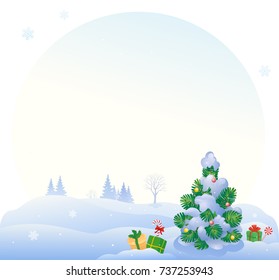 Vector illustration of a winter sunrise background and a Christmas tree with gifts