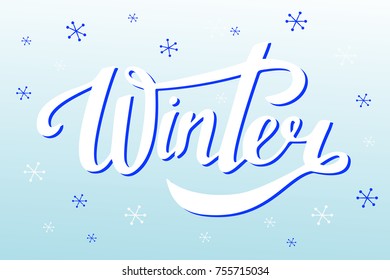 Vector illustration of winter text. Elegant winter lettering design with shiny and bright snowflakes on gradient background. Winter Season, Background. Winter logo and emblem for invitation