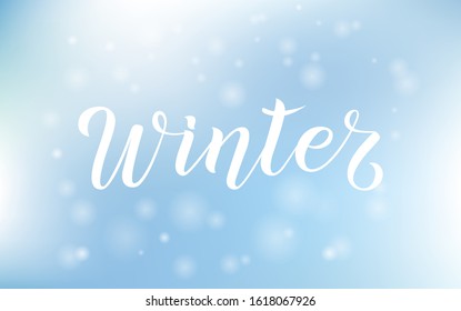 Vector illustration of Winter text for greeting card, flyer, poster. Hand sketched lettering Winter text. White inscription on blue background with bokeh. EPS 10