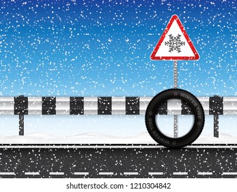 Vector illustration winter tire and triangle road sign with snowflake