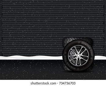 Vector illustration of winter tires in front of garage door.