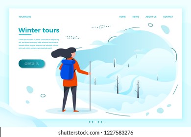 Vector illustration -  winter tourist girl looking on mountain to climb. Forests, trees and hills on white background. Banner, site, poster template with place for your text.