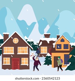 Vector illustration of a winter town in the mountains