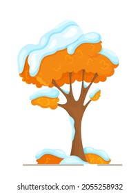 Vector illustration of a winter tree. Tree with golden leaves covered with snow. 