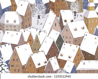 Vector illustration winter urban landscape with houses roofs under the snow in a smal town and playing children