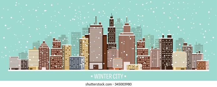 Vector illustration. Winter urban landscape. City with snow. Christmas and new year.  Cityscape. Buildings.