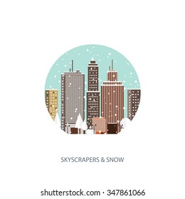 Vector illustration. Winter urban landscape. City with snow. Christmas and new year.  Cityscape. Buildings.