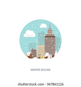 Vector illustration. Winter urban landscape. City with snow. Christmas and new year.  Cityscape. Buildings.