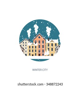 Vector illustration. Winter urban landscape. City with snow. Christmas and new year.  Cityscape. Buildings.