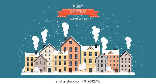 Vector illustration. Winter urban landscape. City with snow. Christmas and new year.  Cityscape. Buildings.