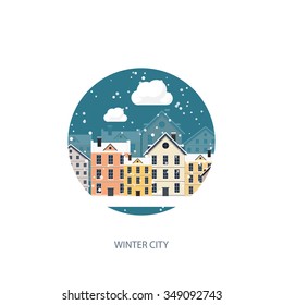 Vector illustration. Winter urban landscape. City with snow. Christmas and new year.  Cityscape. Buildings.