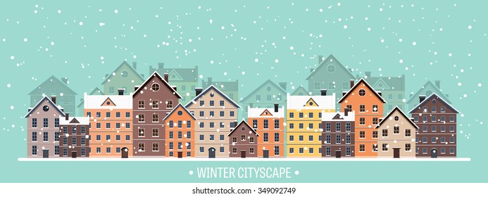 Vector illustration. Winter urban landscape. City with snow. Christmas and new year.  Cityscape. Buildings.