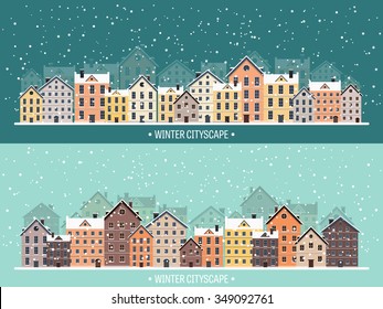Vector illustration. Winter urban landscape. City with snow. Christmas and new year.  Cityscape. Buildings.