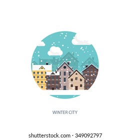 Vector illustration. Winter urban landscape. City with snow. Christmas and new year.  Cityscape. Buildings.