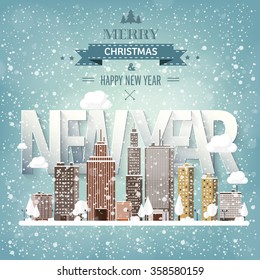  Vector illustration. Winter urban landscape. City with snow. Christmas and new year.  Cityscape. Buildings.