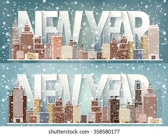  Vector illustration. Winter urban landscape. City with snow. Christmas and new year.  Cityscape. Buildings.