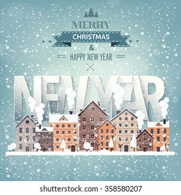  Vector illustration. Winter urban landscape. City with snow. Christmas and new year.  Cityscape. Buildings.