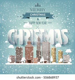 Vector illustration. Winter urban landscape. City with snow. Christmas and new year. Cityscape. Buildings.