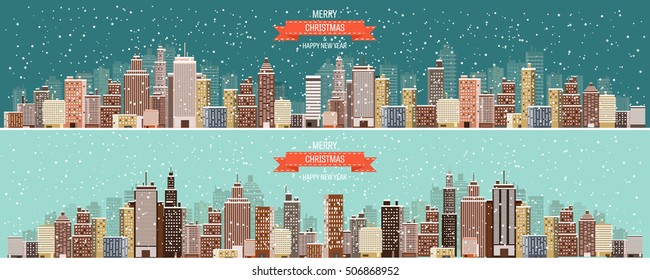 Vector illustration. Winter urban landscape. City with snow. Christmas and new year. Cityscape. Buildings.