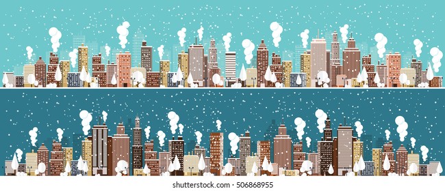 Vector illustration. Winter urban landscape. City with snow. Christmas and new year. Cityscape. Buildings.