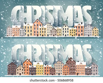 Vector illustration. Winter urban landscape. City with snow. Christmas and new year. Cityscape. Buildings.