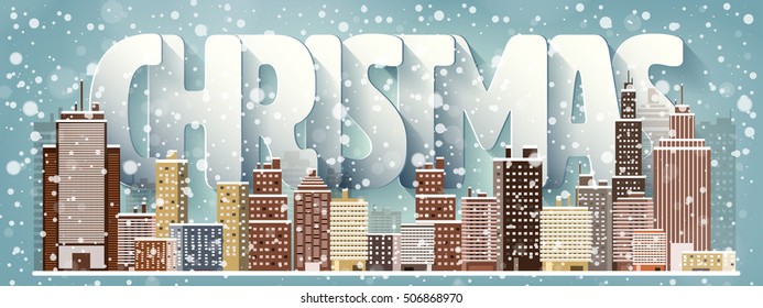 Vector illustration. Winter urban landscape. City with snow. Christmas and new year. Cityscape. Buildings.