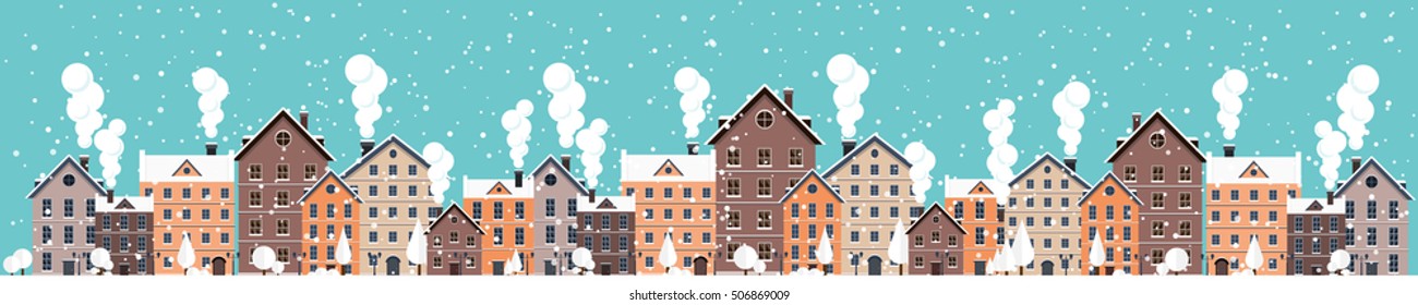 Vector illustration. Winter urban landscape. City with snow. Christmas and new year. Cityscape. Buildings.