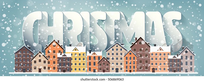 Vector illustration. Winter urban landscape. City with snow. Christmas and new year. Cityscape. Buildings.